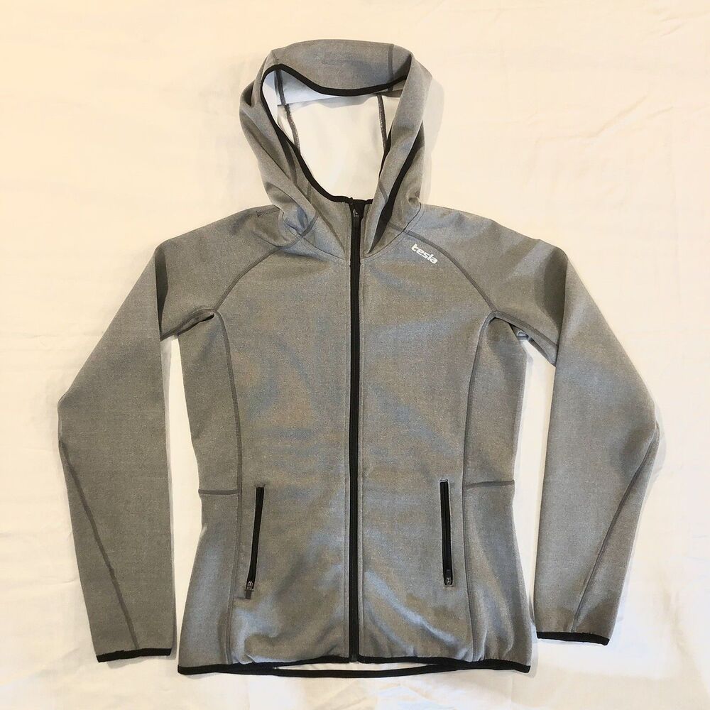 Tesla Hoodie Women’s Gray Activewear Sweatshirt Full Zip Pockets Large - READ